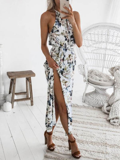 Band neck sleeveless women floral printed maxi dresses