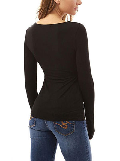 Square Neck Patchwork Zipper Plain Long Sleeve Woman T-Shirts