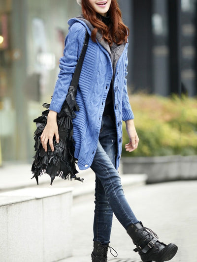 Long Sleeve Casual Buttoned Knitted Hoodie Cardigan Coats
