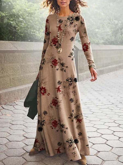 Round neck Long-sleeved Floral Maxi Dresses
