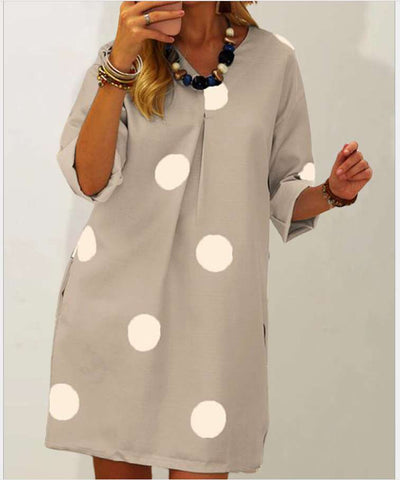 Casual Loose Point print V neck Long sleeve Shift Dresses