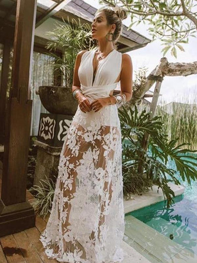 Sexy lace cut-out long vacation dresses