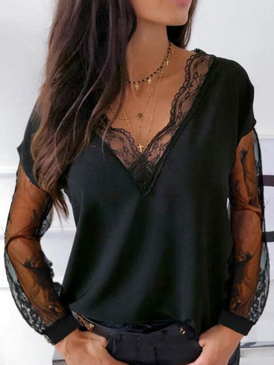 Sexy v neck lace women long sleeve slim blouses