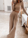 Two-Piece Round Neck Solid Color Long Sleeves Wide Legs