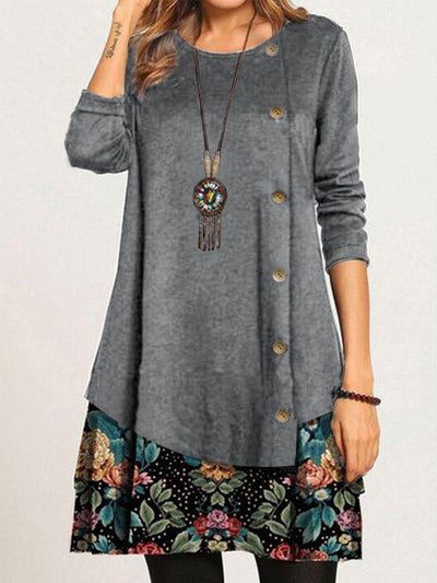 Casual Loose Round Neck Floral Long Sleeve Dress