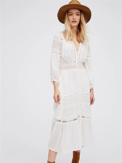 White Lace Split-Joint Hollow Midi Dress