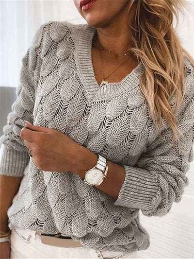 Casual Pure Hollow out Feather V neck Long sleeve Knit Sweaters