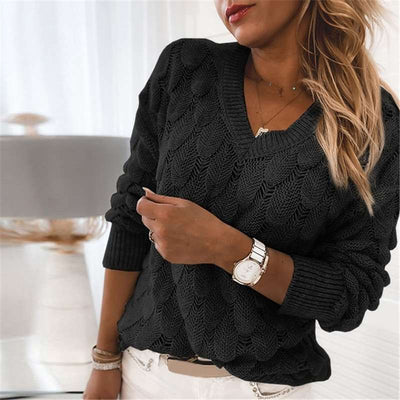Casual Pure Hollow out Feather V neck Long sleeve Knit Sweaters
