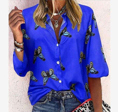 Casual Butterfly print Lapel Long sleeve Blouses