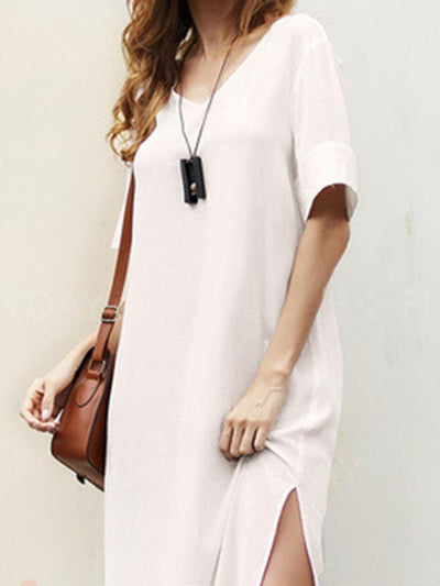 White Short sleeve v neck long casual maxi dresses