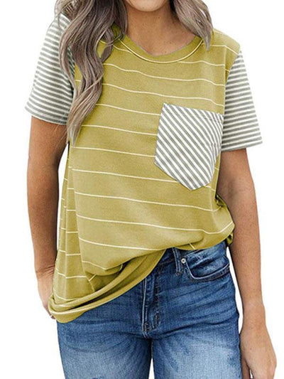 Short sleeve striped pocket stitching T - shirts