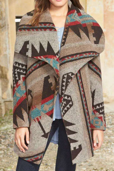 Fashion Retro Print Lapel Long sleeve Woolen Coat