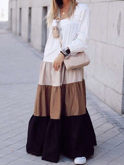 Fashion Casual Gored Square collar Long sleeve Maxi Dresses