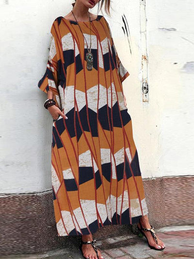 Loose Plus Size Three quanter sleeve women printed casaul maxi dresses