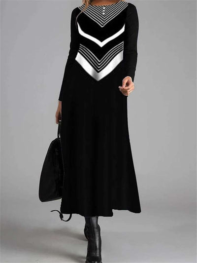 Fashion Stripe print Round neck Long sleeve Maxi Dresses