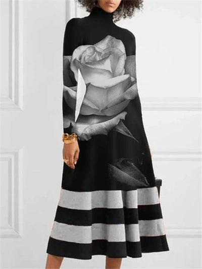 Fashion Rose print High collar Long sleeve Skater Maxi Dresses