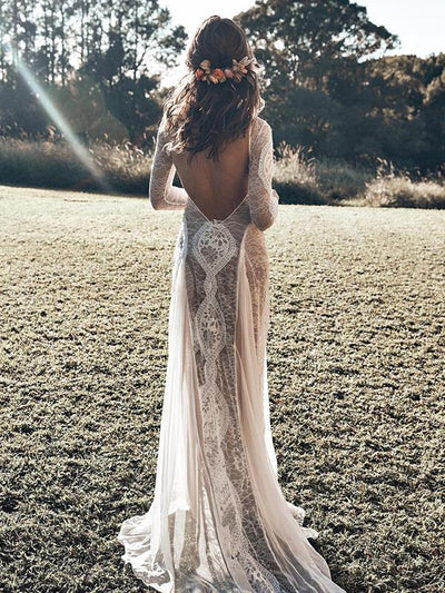 Elegant Lace White Wome Long Sleeve Backless Evening Dresses