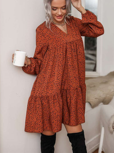Casual Loose Point print V neck Long sleeve Gored Shift Dresses