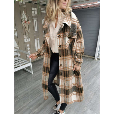 Fashion Plaid Lapel Long sleeve Woolen Trench Coats