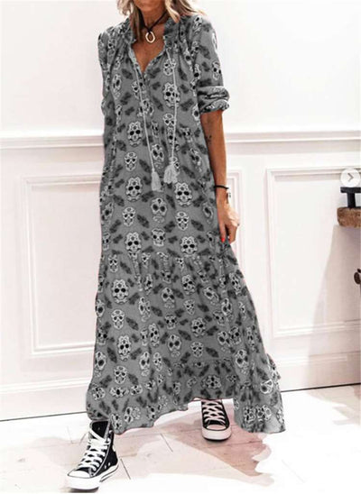 Fashion Casual Skeleton print Lapel Long sleeve Maxi Dresses