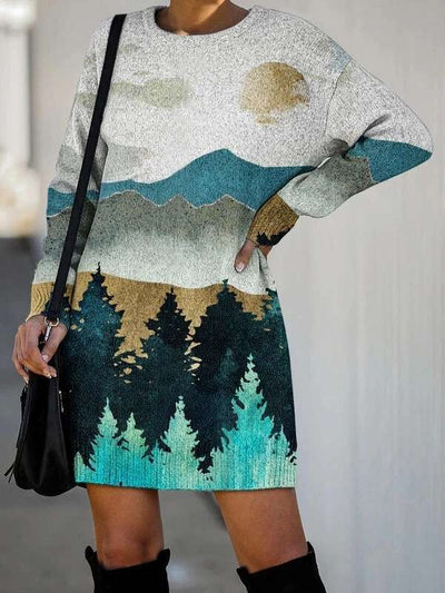 Fashion Landscape print Round neck Long sleeve Knit Shift Dresses