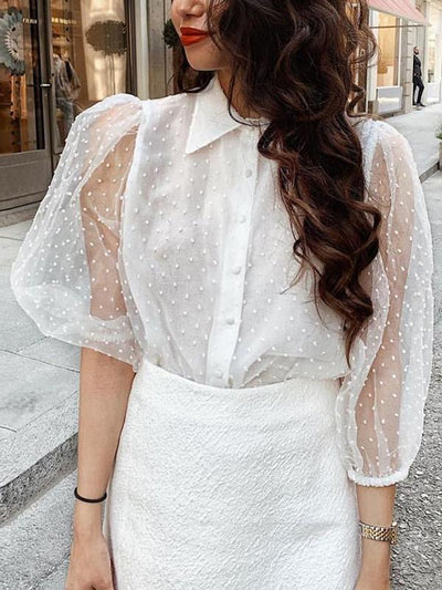 Chic Fashion Sexy see-through lantern mid-sleeve stand collar blouses