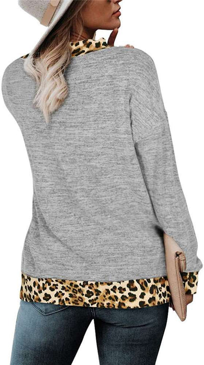 Casual Gored Leopard print V neck Long sleeve T-Shirts