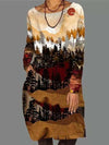 Casual Loose Landscape print Round neck Long sleeve Shift Dresses