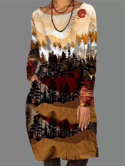 Casual Loose Landscape print Round neck Long sleeve Shift Dresses