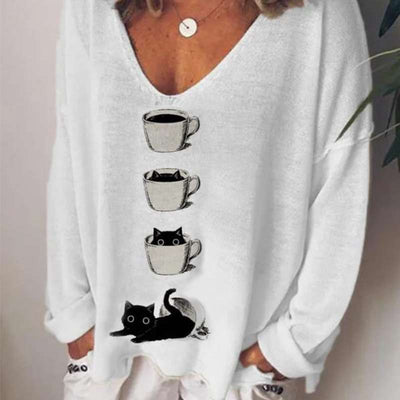 Casual Loose Cup print V neck Long sleeve Knit T-Shirts
