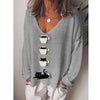 Casual Loose Cup print V neck Long sleeve Knit T-Shirts