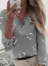 Fashion Lace Gored Love ptint V neck Long sleeve T-Shirts