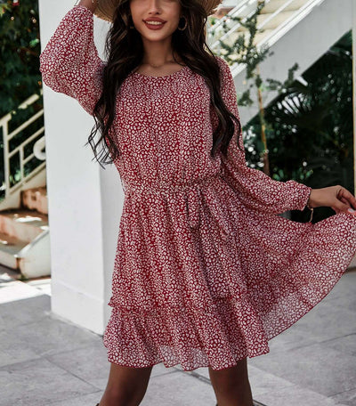 Casual Print Round neck Long sleeve Lacing Skater Dresses