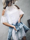 Elegant bell sleeve patchwork cut-out transparent lace t-shirt