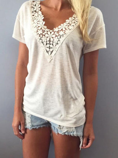 Short Sleeved Lace Decoration V neck Casual T-shirts