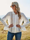 Pure Hollow out Lapel Long sleeve Blouses