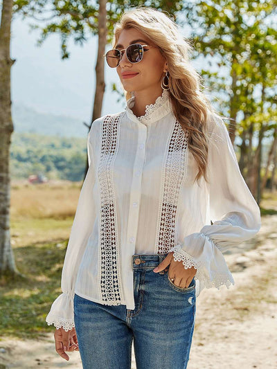 Pure Hollow out Lapel Long sleeve Blouses