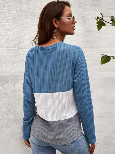 Women v neck splice chic button knit sweaters