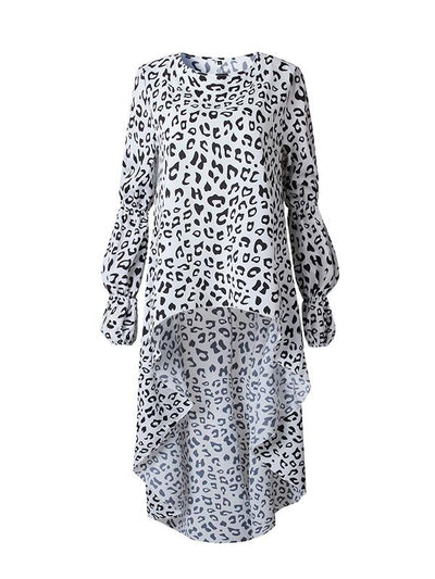 Fashion Leopard Woman Long Sleeve Irregular Hem Blouses