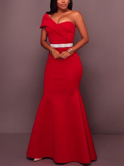 Sexy Red Women Backless One Off Shoulder Evening Dresses