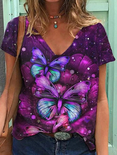 Stylish top women v neck butterfly printed short sleeve T-shirts