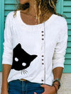 Cat Printed Buttons Round Neck Casual Long Sleeve  T-Shirts