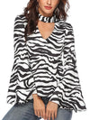 Sexy high neck flared sleeve zebra-stripe printed top blouses