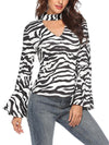 Sexy high neck flared sleeve zebra-stripe printed top blouses