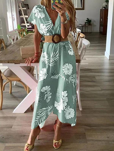 Floral Printed V-neck Short Sleeved Vacation Dresses
