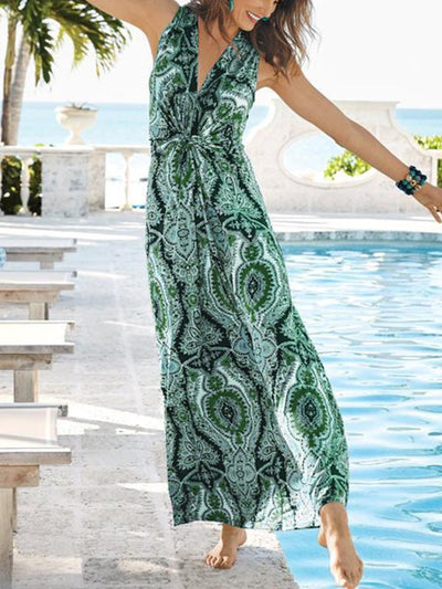 Women's sleeveless v-neck printed slim long vacation dresses