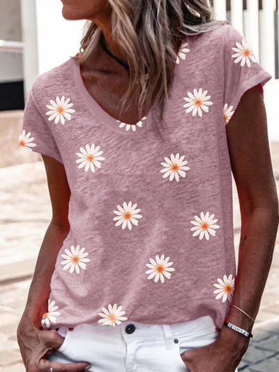 V neck flower Little daisy sweet casual T-shirts
