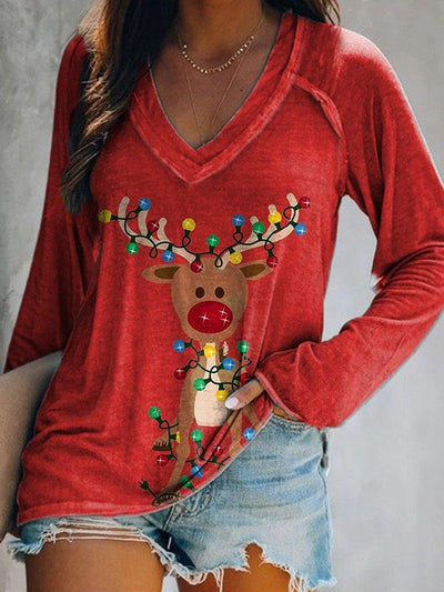 Christmas Printed V Neck Casual Shirts & Tops