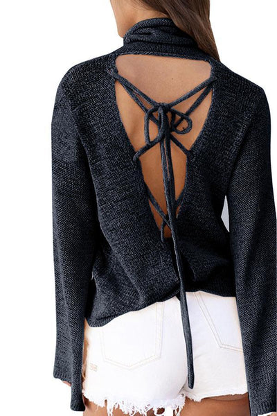 High Neck  Cross Straps  Back Hole  Plain  Batwing Sleeve Sweaters