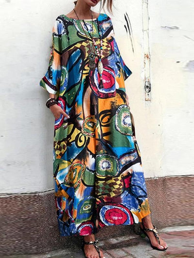Printed cotton and linen Blend round collar maxi dresses